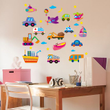 彩色儿童房间幼儿园可爱交通工具飞机轮船自粘墙贴纸装饰卡通汽车