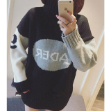 2015新款韩版宽松休闲大毛衣套头中长款字母拼色针织毛衣 女上衣