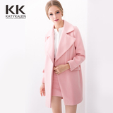 KK2016秋冬季新品 羊毛保暖 西装领毛呢外套 女式中长款加厚大衣
