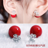 韩国925纯银双面红珍珠耳钉女气质雪花不对称防过敏耳饰圣诞礼物