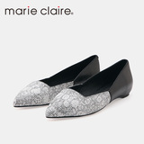 Marie Claire/MC 尖头女鞋春新款2016英伦真皮舒适拼色平跟女单鞋