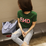 淡水家韩国女装代购2016夏款抢眼出镜的粉色END字母时尚短袖T恤特