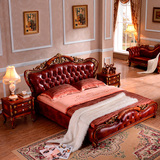 欧式床美式真皮床 新古典双人床1.8米婚床实木深色雕花真皮卧室床