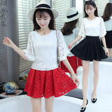 蘑菇街女装夏季韩版潮蕾丝上衣+连衣裙两件套 休闲套装 18-24周岁