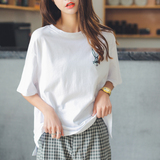 夏季韩版新款简约开叉圆领宽松纯棉可爱卡通印花短袖T恤女学生