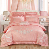 欧式婚庆床品全棉四件套奢华贡缎刺绣被套床单式粉色 1.8/2.0m床