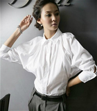 韩国代购2016春秋新款女装蝙蝠袖修身纯棉白色衬衫女士百搭上衣潮