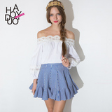 Haoduoyi甜美海军风蓝白细条纹短裙 高腰褶皱荷叶边半身裙伞裙