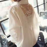 蘑菇街女装2016秋装新款大码镂空蕾丝拼接长袖衬衣中长款白衬衫潮