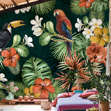 蕊西东南亚背景墙大型壁画 绿色客厅卧室墙纸 热带芭蕉叶壁纸墙布