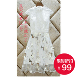 新款韩版女夏白色欧根纱修身高腰蕾丝中长款短袖旗袍连衣裙A字裙