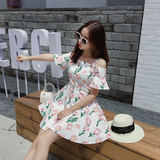 韩版女装夏装2016新款潮一字领吊带a字裙子中长款露肩碎花连衣裙