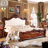 冠朝家具 欧式床 奢华真皮软包1.8米双人床 深色实木雕花法式婚床