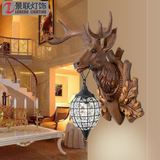 创意美式乡村床头鹿角壁灯欧式个性工业复古客厅过道走廊鹿头灯具