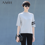 Amii2016春夏新品t恤女中袖落肩袖宽松圆领套头大码针织打底衫