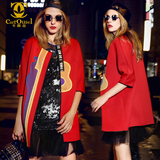 卡路丝女装夏装2016新款潮欧洲站时尚撞色图案圆领茧型欧美小外套