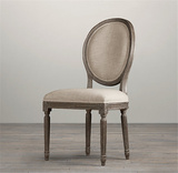 美式法式实木餐椅橡木 麻布椅子 仿古复古做旧咖啡厅圆背椅现货