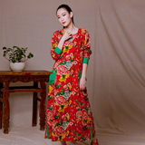 尤瑾2015新款民族风女装秋装花布中式连衣裙复古中国风修身长裙