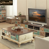 阿拉木汗 美式田园客厅茶几电视柜组合套装实木乡村彩绘成套家具