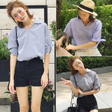 2016夏季新款韩版V领条纹中袖衬衣宽松显瘦中长款百搭衬衫女学生