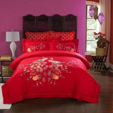 纯棉大红色婚庆床上用品四件套2.2米被罩床单绣花中国风孔雀被罩