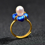 非常泰 s925银 景泰蓝大颗珍珠花朵镀金戒指 女款开口指环