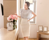 韩版2015秋季女装新款一步开叉包臀裙白色棉OL中长高腰A字半身裙