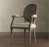 出口美国外贸原单实木家具 复古麻布面椭圆形藤背餐椅 扶手餐椅