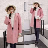 韩版冬季学生连帽毛球加厚带帽毛呢外套女中长款夹棉粉色呢子大衣