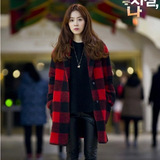 2016新款明星同款日韩版女装中长款宽松羊毛大衣红格子毛呢外套