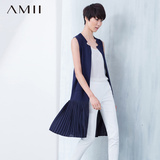 Amii[极简主义]2016春夏立领百褶雪纺拼接毛针织马夹开衫
