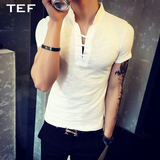 个性纯色潮男T恤韩版修身时尚青年夏装短袖新款休闲立领上衣男