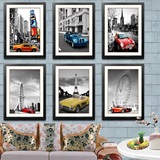 欧式壁画城市建筑装饰画客厅现代简约卧室挂画汽车墙画组合有框画