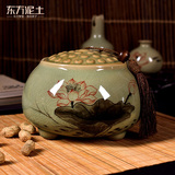 陶瓷客厅桌面摆件越窑手绘艺术工艺品荷花茶叶储藏罐东方泥土