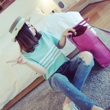 2016春装韩版新款条纹半高领短袖T恤女夏针织半袖上衣百搭打底衫
