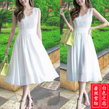 韩版白色无袖v领蕾丝雪纺连衣裙夏中长款修身高腰a字裙子小白裙仙