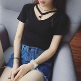 韩国夏季紧身大领口短袖t恤女性感深v领上衣百搭修身半袖体恤潮