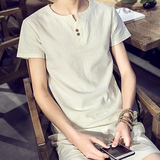 夏季韩版棉麻T恤男圆领修身青少年短袖T恤男学生中国风亚麻T恤衫