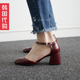 韩国代购正品女鞋欧美时尚秀气百搭一字皮带扣包头单鞋镂空粗跟鞋