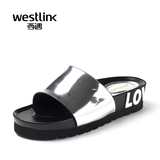 Westlink/西遇2016夏季新款 欧美金属风厚底松糕字母一字凉拖鞋女