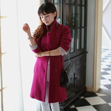 2014秋冬新款太平鸟女装韩版修身加厚紫色中长款羊毛呢子大衣外套