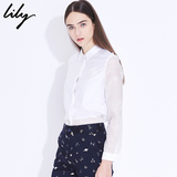 Lily2016夏新款女装商务OL纯白气质拼接透视长袖衬衫116230C4104