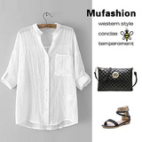 MUFS外贸原单尾货女装韩版通勤修身显瘦白色棉麻衬衫亚麻女式衬衣