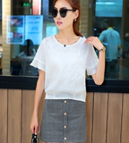 2016夏季新款韩版宽松大码显瘦气质雪纺衫女短袖蕾丝上衣t恤