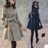 韩版羊毛呢外套女2015秋冬新款修身显瘦收腰系带中长款呢子大衣女