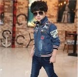 2016春夏季韩版新款长袖拉链夹克高立领字母中小男童牛仔外套上衣