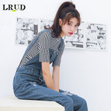 LRUD2016秋夏新款韩版半高领条纹短袖T恤女露脐短款显瘦打底衫
