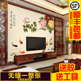 中式立体3d无纺布墙纸客厅电视背景墙壁纸沙发无缝大型壁画牡丹鱼