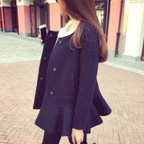 2016韩版新款毛呢外套女圆领长袖修身显瘦黑色荷叶边短款呢大衣