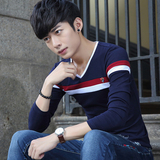 秋季韩版长袖T恤男条纹青少年学生V领修身男装打底衫时尚流行衣服